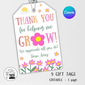 Editable Thank You Helping Me Grow Teacher Tag, Teacher Appreciation Tag, Teacher Plant Favor Tags Cactus Succulent Gift Tag Canva