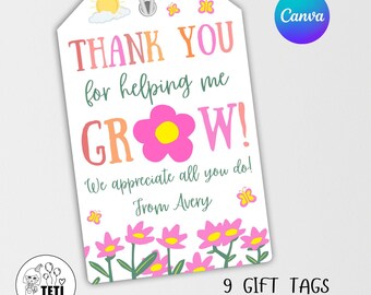 Editable Thank You Helping Me Grow Teacher Tag, Teacher Appreciation Tag, Teacher Plant Favor Tags Cactus Succulent Gift Tag Canva