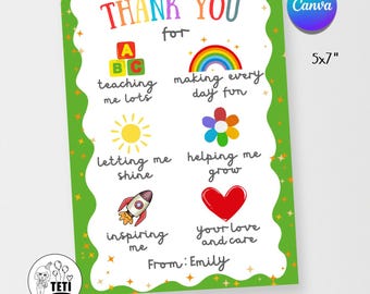 Editable Teacher Thank You Card, Daycare Teachers Greeting Card, Nursery Teacher Appreciation Card, Preschool Thank You For Helping Me Canva