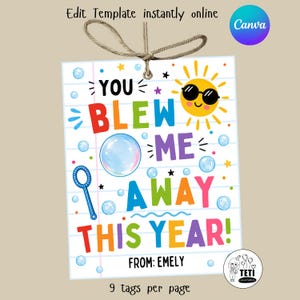 May include: A printable tag with the text "YOU BLEW ME AWAY THIS YEAR!" in colorful letters. The design includes a sun wearing sunglasses, bubbles, and a bubble wand. The tag is from Emely.