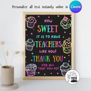 May include: A printable chalkboard sign with a black background and colorful chalk drawings of cupcakes. The text reads "How Sweet It Is To Have Teachers Like You! Thank You For All That You Do!"
