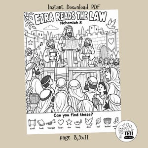 May include: A black and white printable PDF colouring page titled Ezra Reads The Law Nehemiah 8. The illustration depicts a crowd gathered around a central figure reading a scroll on a wooden platform. Includes a search and find activity section.