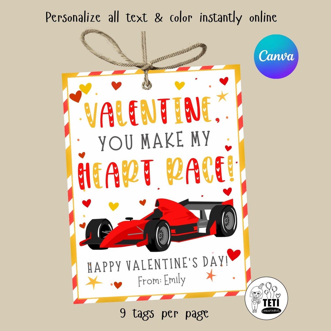Car Valentine Cards Printable Race Boy Kid's Valentine Tags, Editable ...