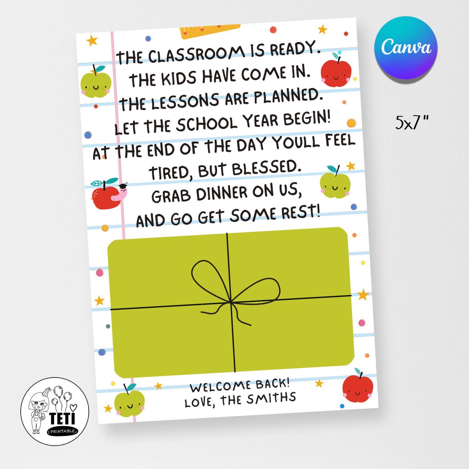 Teacher First Day of School Gift Card Holder, Back to School Teacher Gift Card, Meet the Teacher Gift Editable Canva