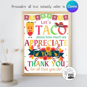 Taco-waarderingsteken, Taco About Teacher Appreciation-lunch, Taco Bar-bedankbord, Mexico-speentafelbord Download bewerkbare canva