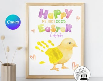 Happy Easter Handprint Art Little Chick Keepsake Craft, Easter Kids Activity, Toddler Baby Presshool Daycare Spring DIY EDITABLE Canva