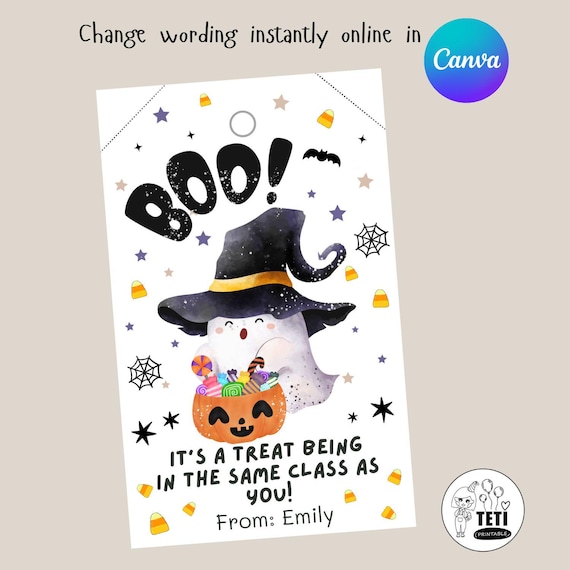 Halloween Class Gift Tags, School Tag Classmates Halloween Gifts, Same Class As You Kids Halloween Treat Bag Tag Editable Canva