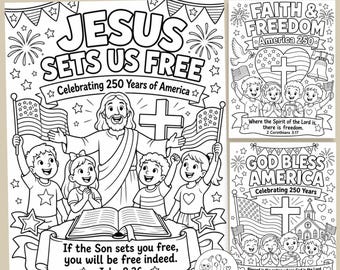 Dibujos para colorear cristianos de los 250 años de América, actividad bíblica "Jesús nos libera", manualidad patriótica para la escuela dominical, PDF imprimible del 4 de julio