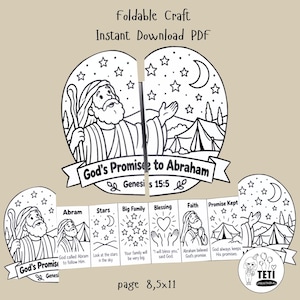 May include: A black and white foldable craft PDF titled God's Promise to Abraham Genesis 15:5. It features illustrations of a bearded figure, stars, a crescent moon, and a tent. Includes panels with text: Abram, Stars, Big Family, Blessing, Faith, Promise Kept.