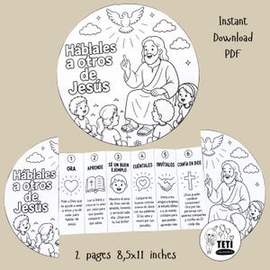 Op de afbeelding: Een zwart-wit printbare PDF-kleurplaat met een cirkelvormige illustratie van Jezus met kinderen en een duif. Hieronder staat een zesdelig accordeon-vouwgedeelte met genummerde stappen, Spaanstalige tekst en iconen zoals een hart, bijbel en kruis.