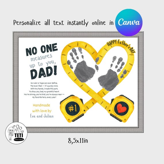Father's Day Handprint Art, Tape Measure Handprint Printable, Baby Handprint Gift for Dad, Fathers Day Gift Toddler Activity EDITABLE Canva