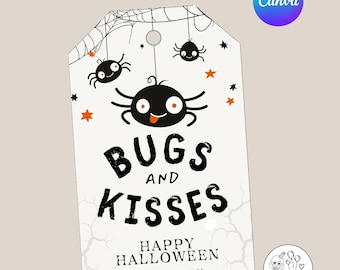 Può includere: Un'etichetta regalo a tema Halloween con ragni e ragnatele. L'etichetta recita "Bugs and Kisses" e "Happy Halloween". È presente anche il testo "Change wording instantly online in Canva".