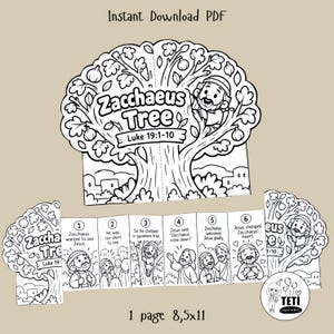 May include: A black and white printable PDF activity sheet featuring a Zacchaeus Tree illustration with the text Zacchaeus Tree Luke 19:1-10. It includes a six-panel sequence depicting the biblical story with numbered steps and text, sized 8.5x11 inches.