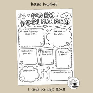 May include: A black and white printable activity sheet titled God Has Special Plan For Me with various writing prompts in boxes, clouds, and scroll shapes, decorated with stars, hearts, and a cross. The page measures 8.5 by 11 inches.
