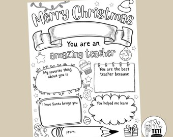 May include: Black and white printable Christmas card for a teacher. The card includes the text "Merry Christmas", "You are an amazing teacher", and several fill-in-the-blank sections. The card measures 8.5 x 611 inches.