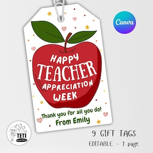 Bewerkbare Apple Teacher Appreciation Week-tag, Apple-cadeautag afdrukbaar, leraar bedankt Apple-cadeautags, Apple Teacher-tag Canva
