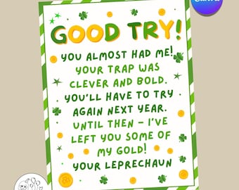 St Patricks Day Kids Leprechaun Letter Printable, Leprechaun Trap Note, Digital Download PDF Editable Canva