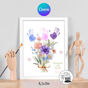 Lembrança de Dia das Mães com impressão de mão editável, buquê de flores para avó, presente para ela, artesanato, cartão para crianças, faça você mesmo, impressão EDITÁVEL Canva