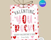 You Rock Valentine's Day Gift Tag Template, Printable Valentine Rock Candy Favor Tag, School Classroom Treat Tags, Editable Canva
