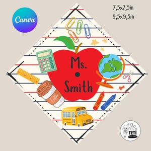 May include: A diamond-shaped design featuring school-themed illustrations. A large red apple with "Ms. Smith" text is central. Includes a calculator, coffee cup, globe, school bus, and other school supplies. The design is 7.5 x 7.5 inches and 9.5 x 9.5 inches.