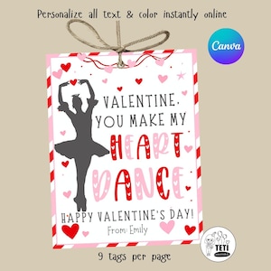 Ballerina Valentine Cards Printable, Dance Class Valentine Exchange Kids Valentine Tags, Editable Canva