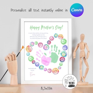 Moederdag handafdrukken, moeders zijn als knoppen handafdrukken kaart, handafdrukken hart aandenken, Moederdag cadeau peuteractiviteit BEWERKBAAR canva