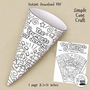May include: A printable paper craft project featuring a black and white coloring page design of The Trumpets of Jericho. The sheet includes instructions to color, cut, and roll into a cone shape. The page measures 8.5 by 11 inches in total size.