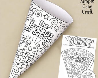 May include: A printable paper craft project featuring a black and white coloring page design of The Trumpets of Jericho. The sheet includes instructions to color, cut, and roll into a cone shape. The page measures 8.5 by 11 inches in total size.