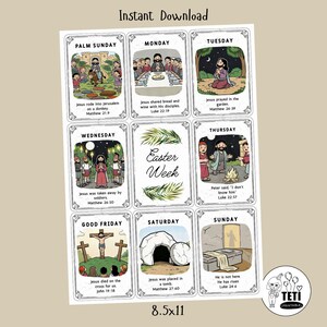Puede incluir: Una hoja imprimible de 8,5x11 pulgadas con tarjetas ilustradas que representan la historia de la Semana Santa. Cada tarjeta tiene un título como "Domingo de Ramos" e incluye una referencia bíblica. Las tarjetas son rectangulares con un borde decorativo.