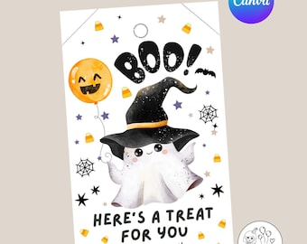 May include: A Halloween-themed gift tag featuring a cute ghost wearing a witch hat, with the word "BOO!" and the text "HERE'S A TREAT FOR YOU". Includes a jack-o'-lantern balloon, candy corn, stars, and spiderwebs. The tag is personalized with the name "Emily".