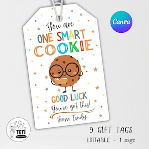 Edytowalny tag testu One Smart Cookie, tag smakołyków w klasie, tag szczęścia, dzień testu do wydrukowania, tag przekąski, tag od nauczyciela dla dzieci Canva