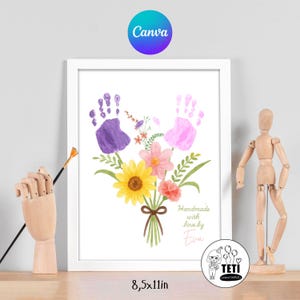 Moederdag handafdruk kunst ambacht, oma's dag verjaardagskaart bedankt bloem aandenken bloemenboeket cadeau afdrukbare bewerkbare canva voor kinderen