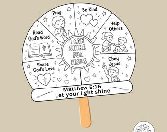 Puede incluir: Una manualidad en PDF imprimible en blanco y negro con un diseño de rueda circular y el texto I CAN SHINE FOR JESUS en el centro. La rueda está dividida en secciones con ilustraciones de niños rezando, ayudando y leyendo la Biblia.