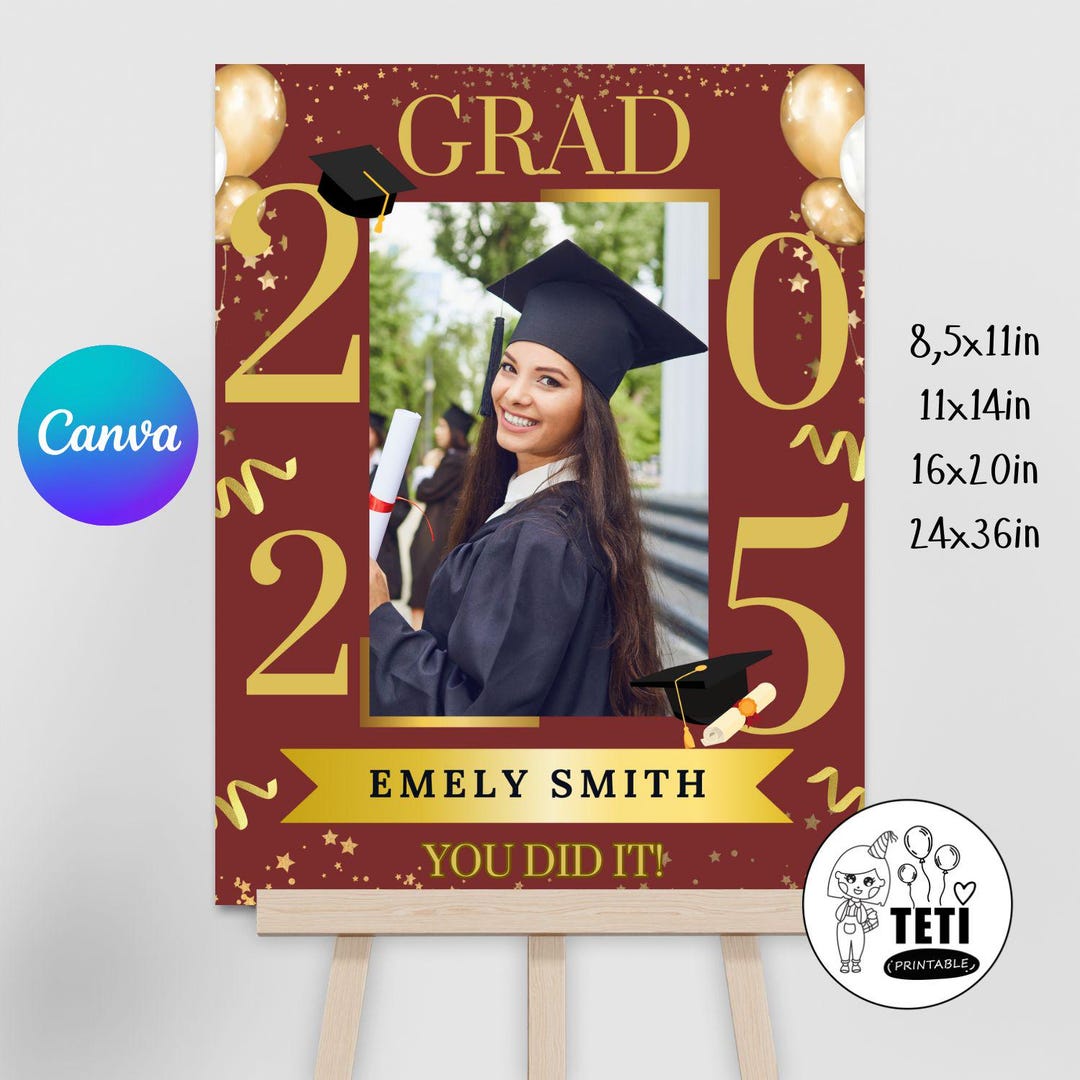 Burgundy and Gold Graduation Party Poster Template, Graduation Welcome ...