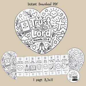 May include: A black and white printable PDF colouring page featuring a large heart with the text Trust in the Lord Proverbs 3:5-6, a Bible, a cross, and praying hands. Below is an accordion-style strip with eight numbered sections.