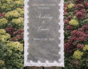 Custom Sheer Wedding Welcome Sign, Lace Border, Lace Wedding Sign, Personalized Wedding Decor, Sheer Signs, Fabric Signs, Wedding Veil