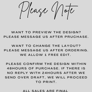 May include: A light gray background with black text. The text reads "Please Note" in cursive script. Additional text provides instructions about design previews, layout changes, design confirmation, and final sales.