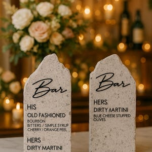 Benutzerdefinierte Stein Hochzeit Bar Schilder Set - His & Hers Signature Getränkekarte - Cocktail-Stunde Schild - Personalisiertes Empfangs-Dekor - Bar-Schilder