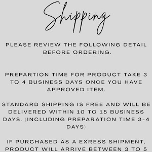May include: A light gray informational graphic featuring the word Shipping in a black cursive script at the top, followed by black text instructions regarding product preparation and delivery timelines for standard and express shipping.