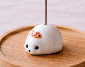 Söt rökelsehållare med sigill, personlig graverad träbas | Mini rökelsebrännare i keramik | Kawaii skrivbordsdekoration | Avslappningsgift