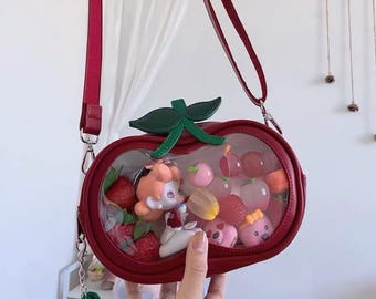 Red Cherry Ita Bag Small Clear Window Crossbody Bag for Pins Charms Plushies Cute Display Purse Gift for Collectors