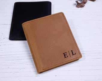 Custom Leather Wallet with Initials – Personalized Bifold Wallet for Men – Handmade Engraved Gift for Him – Brown or Dark Brown