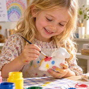 Puede incluir: Una pequeña figura de animal de cerámica blanca que se está pintando con un pincel fino. La figura presenta manchas de colores rojo, amarillo y azul. Cerca hay botes abiertos de pintura amarilla, azul y verde, junto a una paleta blanca con pintura.