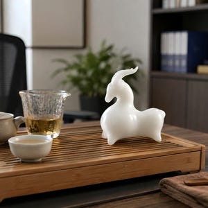 May include: A white, smooth, stylised ceramic goat figurine positioned on a rectangular bamboo tea tray. The tray also holds a small, light-coloured ceramic teapot, a clear glass cup containing amber liquid, and a small white ceramic tea bowl.