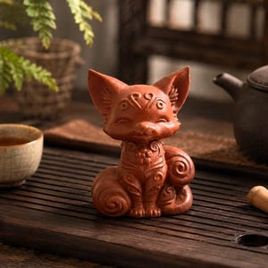 Puede incluir: Una figura de arcilla color terracota de un zorro con orejas grandes y puntiagudas y una cola enroscada. El zorro presenta intrincados patrones de remolinos en relieve en la frente, el pecho y las patas, con expresión sonriente y ojos cerrados.