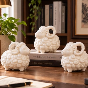 Witte keramische ramfiguur, schaap theehuisdier decoratie, schattig dierenbeeldje voor op het bureau, mini rambeeldje volgens de dierenriem, uniek cadeau, groot of klein