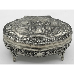 Vintage Footed Metal Jewelry Trinket Box Silver Tone Red Velvet Lined Japan