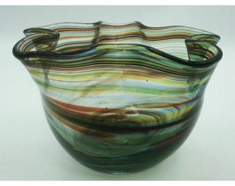 Hand Blown Art Glass Handkerchief Bowl Rainbow Swirl Ruffled  Edge Bowl