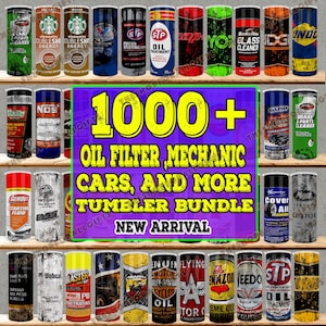May include: A collection of cylindrical tumblers with various designs, including automotive brands, coffee logos, and cleaning products. The image features text that reads "1000+ Oil Filter, Mechanic, Cars, and More Tumbler Bundle - New Arrival."
