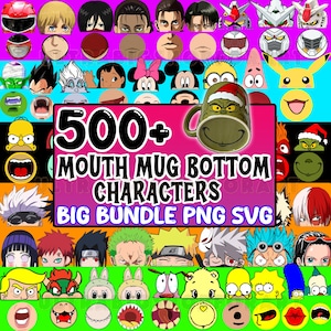 May include: A vibrant graphic featuring a collection of cartoon character faces and mugs. The image includes the text "500+ MOUTH MUG BOTTOM CHARACTERS BIG BUNDLE PNG SVG". The Grinch is featured on a mug. The background is a mix of bright colors.